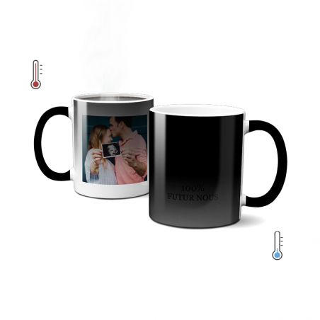 Customizable heat-reactive magic mug with text and photo · Color-changing mug