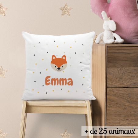 Coussin décoratif 40 x 40 cm pour chambre d'enfant personnalisable avec prénom et motif animal