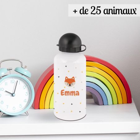 White insulated bottle for children 50 cL customizable with first name and animal motif