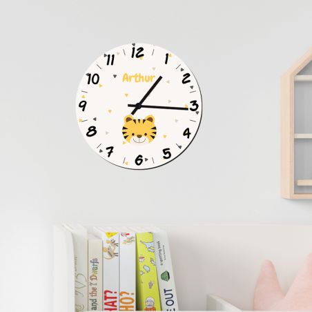 Round decorative clock for children's room customizable with first name and animal motif