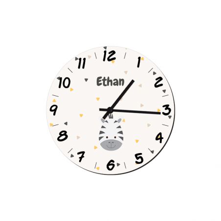 Round decorative clock for children's room customizable with first name and animal motif