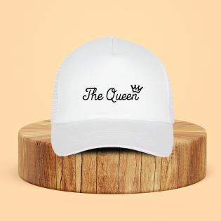 Adjustable white trucker cap, customizable with text and photo · Trendy fashion accessory for women