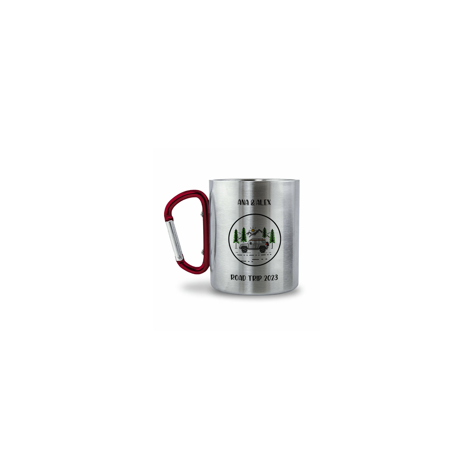 Double-walled stainless steel coffee cup with customizable carabiner with text, photo and logo · 20 cL