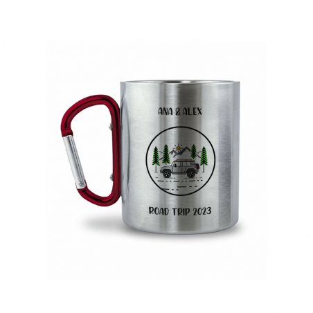 Double-walled stainless steel coffee cup with customizable carabiner with text, photo and logo · 20 cL