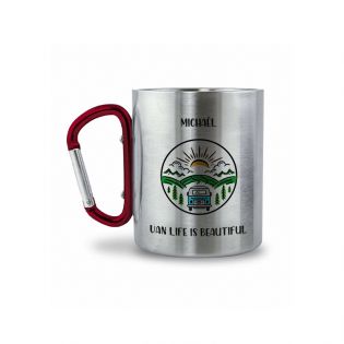 Double-walled stainless steel coffee cup with customizable carabiner with text, photo and logo · 20 cL