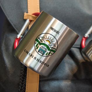 Double-walled stainless steel coffee cup with customizable carabiner with text, photo and logo · 20 cL