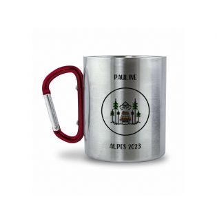 Double-walled stainless steel coffee cup with customizable carabiner with text, photo and logo · 20 cL