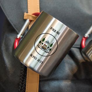 Double-walled stainless steel coffee cup with customizable carabiner with text, photo and logo · 20 cL