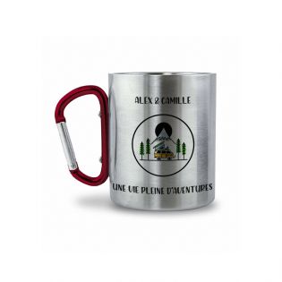 Double-walled stainless steel coffee cup with customizable carabiner with text, photo and logo · 20 cL