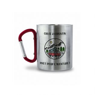 Double-walled stainless steel coffee cup with customizable carabiner with text, photo and logo · 20 cL