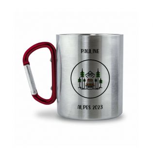 Double-walled stainless steel coffee cup with customizable carabiner with text, photo and logo · 33 cl