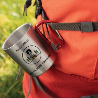 Double-walled stainless steel coffee cup with customizable carabiner with text, photo and logo · 33 cl