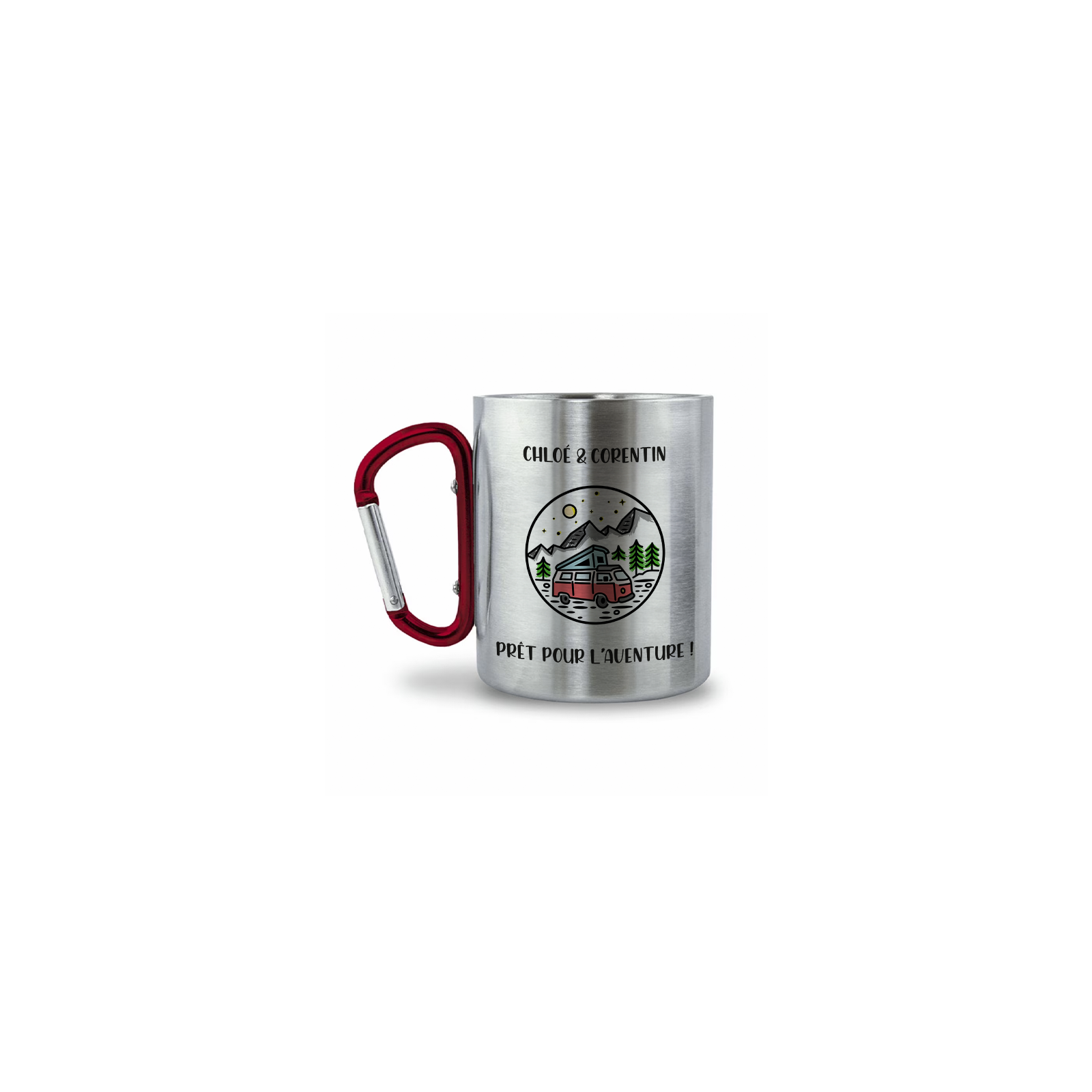 Double-walled stainless steel coffee cup with customizable carabiner with text, photo and logo · 33 cl