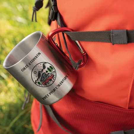 Double-walled stainless steel coffee cup with customizable carabiner with text, photo and logo · 33 cl