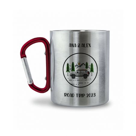 Double-walled stainless steel coffee cup with customizable carabiner with text, photo and logo · 33 cl