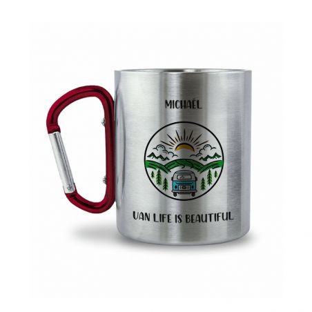 Double-walled stainless steel coffee cup with customizable carabiner with text, photo and logo · 33 cl