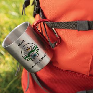 Double-walled stainless steel coffee cup with customizable carabiner with text, photo and logo · 33 cl