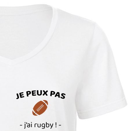 Customizable white V-neck t-shirt for Women · I can't I have rugby · Rugby enthusiast gift