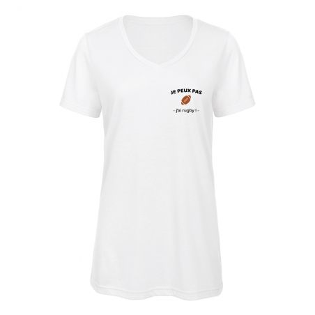 Customizable white V-neck t-shirt for Women · I can't I have rugby · Rugby enthusiast gift