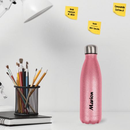 Customizable insulated bottle with first name · Birthday gift for women · 50 cL pink bottle with glitter