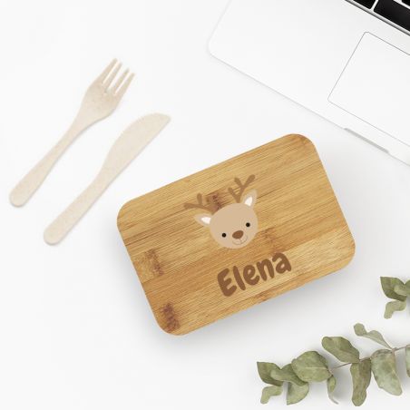 Customizable bamboo lunch box with first name + cutlery · Animal model