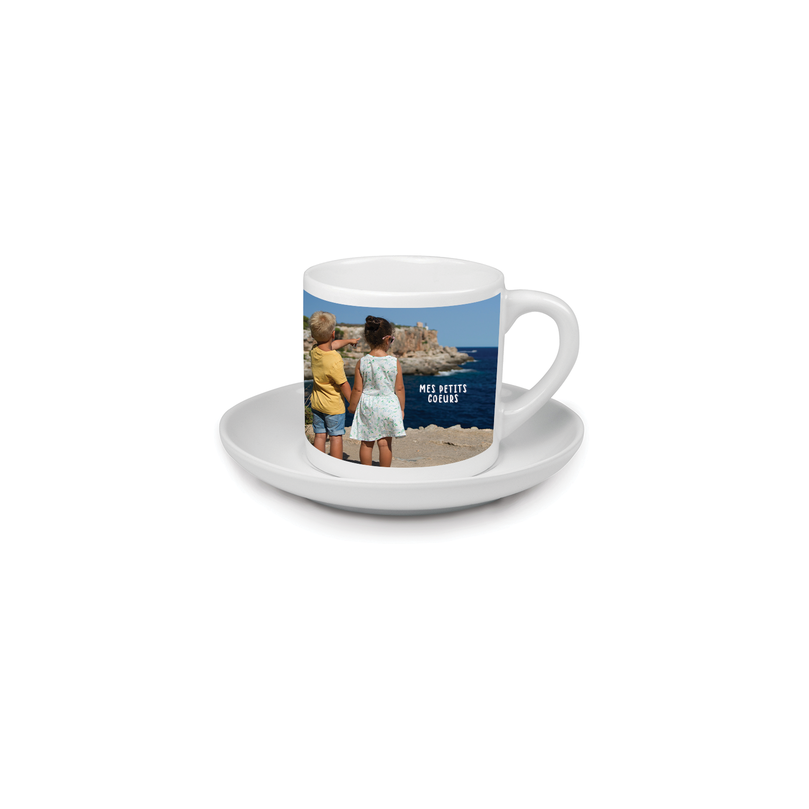 Small personalized espresso coffee cup + saucer · Customizable with text and photo