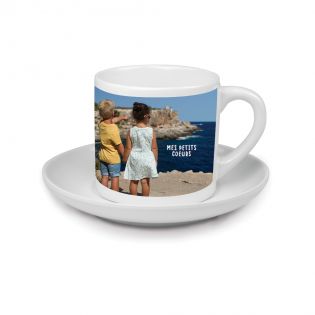 Small personalized espresso coffee cup + saucer · Customizable with text and photo