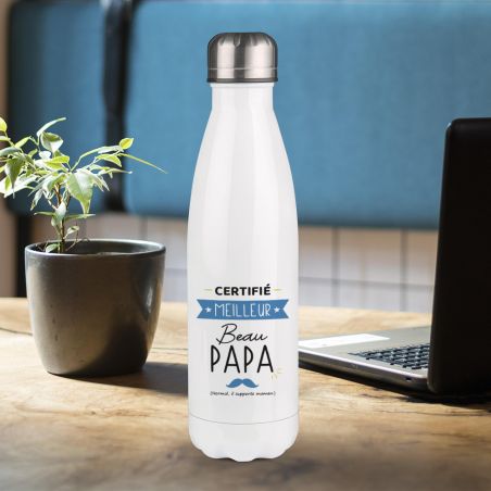 Bouteille isotherme personnalisable prénom - Inox, 50 cL - Modèle Certifié Meilleur Beau Papa - Cadeau Beau-Père