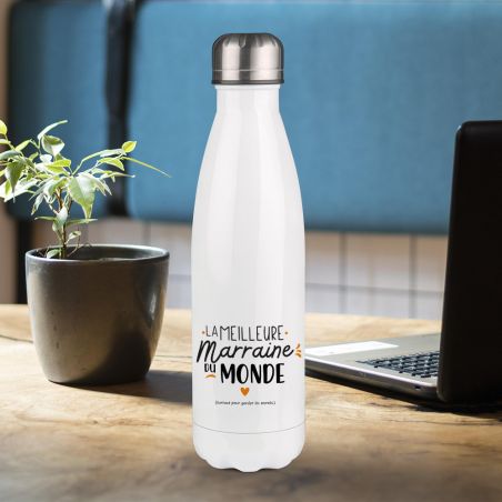 Bouteille isotherme personnalisable prénom - Inox, 50 cL - Modèle Meilleure Marraine du monde - Cadeau Noël pour sa Marraine