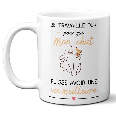 Mug Je travaille pour mon Chat - Cadeau Anniversaire ou Noël pour Fan de Chats - Imprimé en France