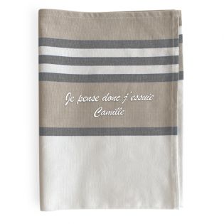 Torchon de cuisine gris personnalisé · Broderie française · Idée cadeau amusante · Torchon Je pense donc J'essuie