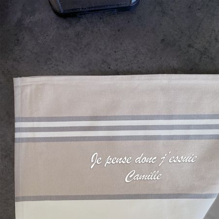 Torchon de cuisine gris personnalisé · Broderie française · Idée cadeau amusante · Torchon Je pense donc J'essuie