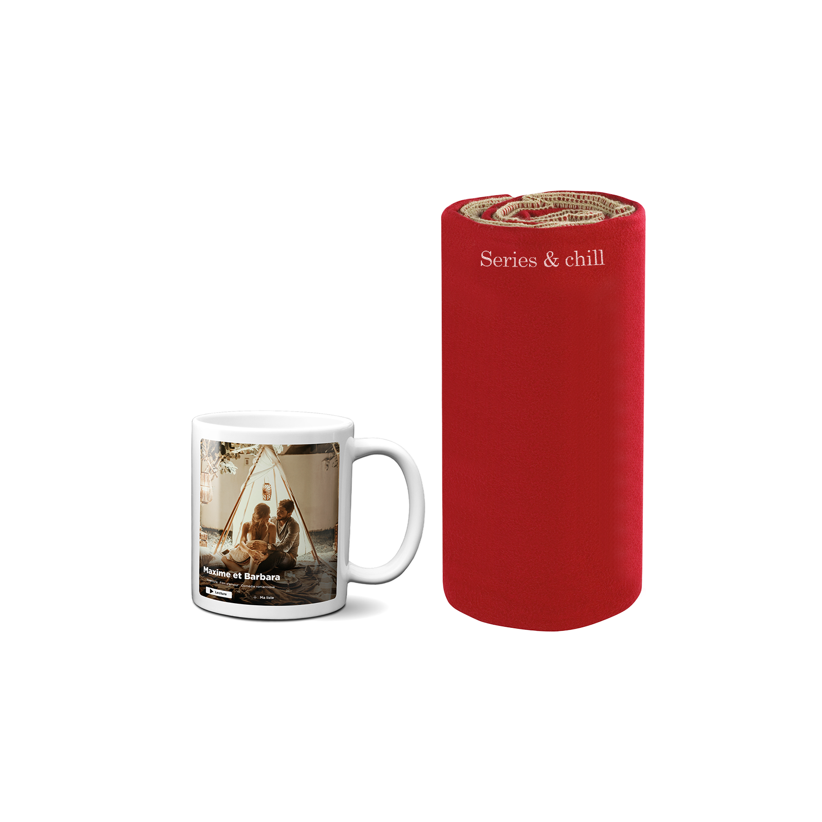 Gift pack for Series and Film enthusiasts - Customizable film poster model mug + Cocooning red embroidery blanket