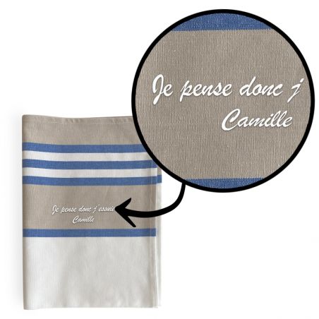 Torchon de cuisine bleu personnalisé · Broderie française · Idée cadeau amusante · Torchon Je pense donc J'essuie