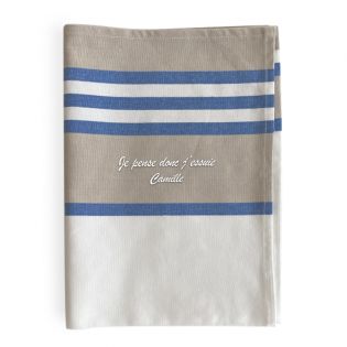 Torchon de cuisine bleu personnalisé · Broderie française · Idée cadeau amusante · Torchon Je pense donc J'essuie