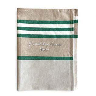 Torchon de cuisine vert personnalisé · Broderie française · Idée cadeau amusante · Torchon Je pense donc J'essuie