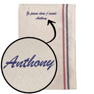 Customizable embroidered blue and red striped dish towel · Model I think therefore I wipe