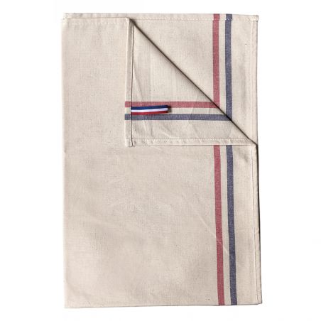 Customizable embroidered blue and red striped dish towel · Model I think therefore I wipe