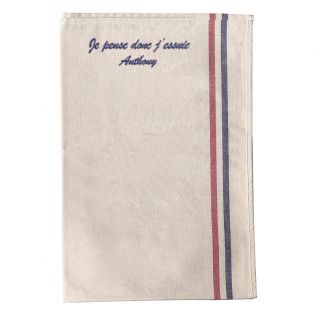 Customizable embroidered blue and red striped dish towel · Model I think therefore I wipe