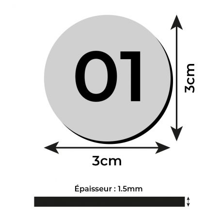 Lot de 10 Numéros de table Adhésifs Argent pour Restaurant , PVC - Format rond Ø 3 cm - Épaisseur 1,5 mm