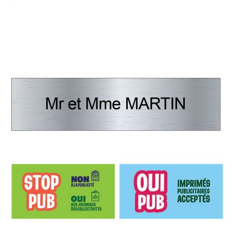 Plaque boite aux lettres personnalisée adhésive au format 100x25mm - argent lettres noires - 1 ligne