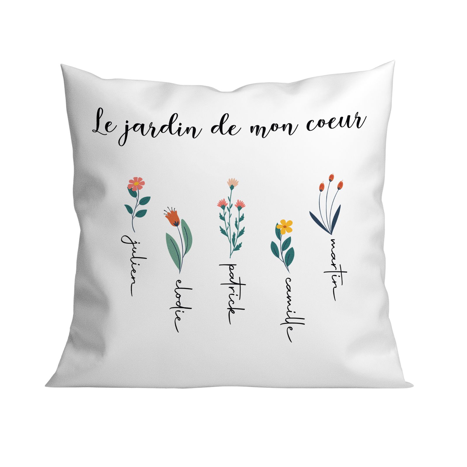 Coussin carré + garniture personnalisable avec prénoms · Le jardin de mon cœur · Cadeau décoratif anniversaire ou fête des mères