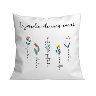 Coussin carré + garniture personnalisable avec prénoms · Le jardin de mon cœur · Cadeau décoratif anniversaire ou fête des mères