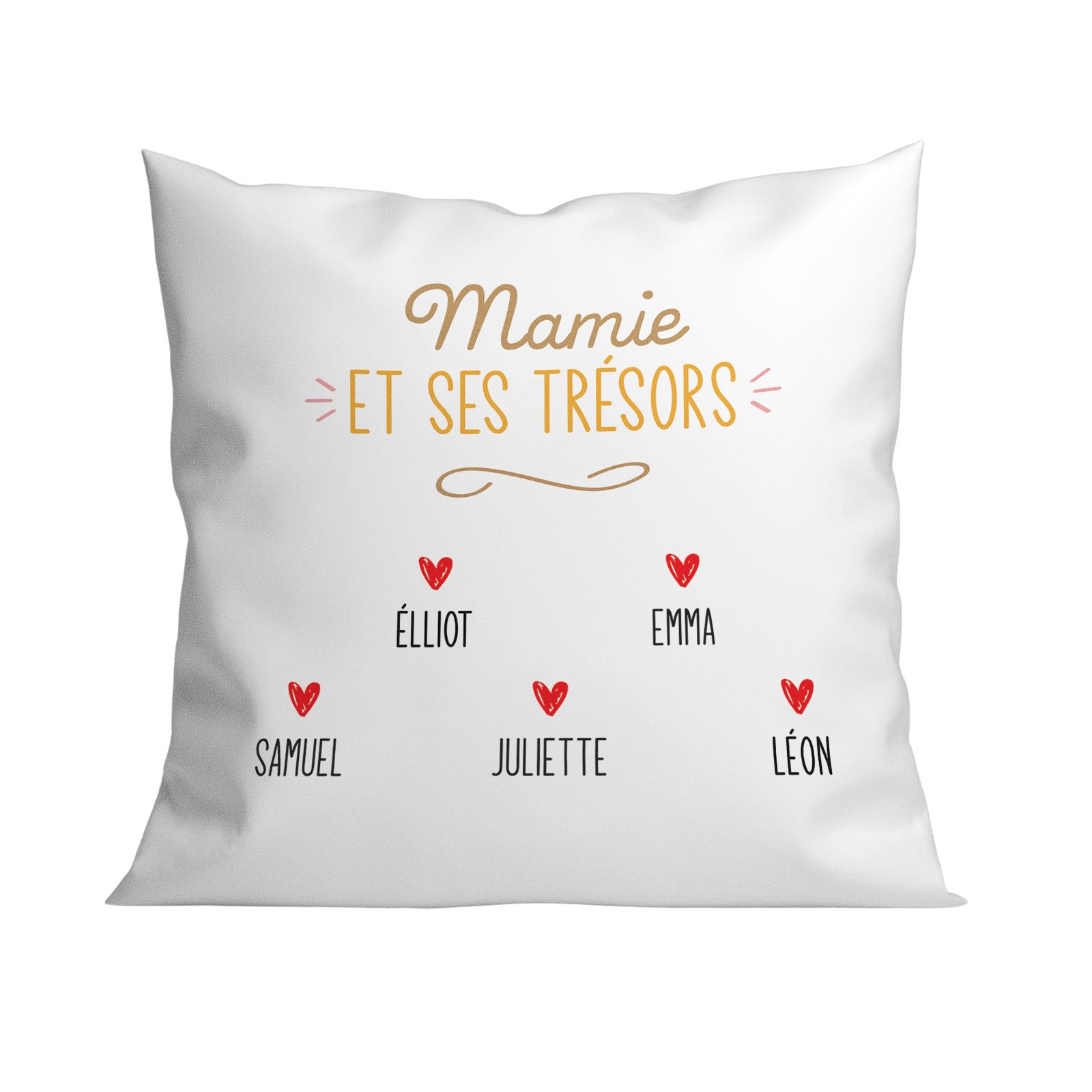 Square white cushion "Granny and her treasures" personalized with first names