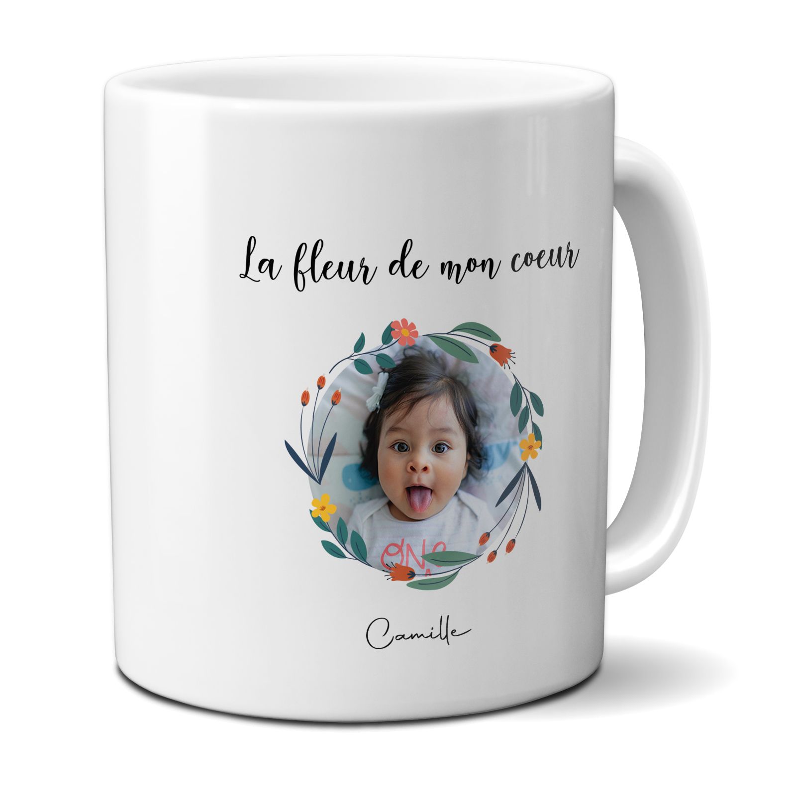 Customizable white mug with first name and photo · The flower of my heart · Mom's birthday or Mother's Day gift