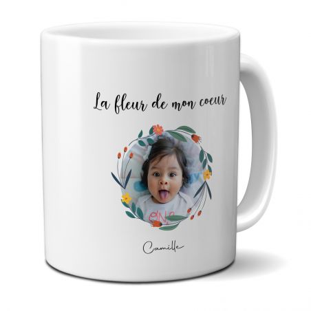 Tasse blanche personnalisable avec prénom et photo · La fleur de mon cœur · Cadeau anniversaire maman ou fête des mères