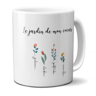 Customizable white ceramic mug with first names · The garden of my heart · Mom's birthday or Mother's Day gift