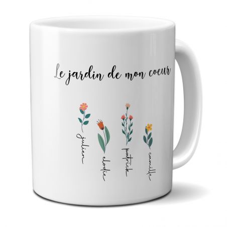 Mug en céramique blanc personnalisable avec prénoms · Le jardin de mon cœur