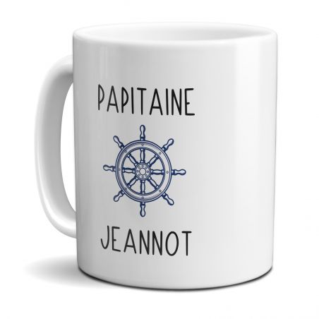 Mug en céramique blanc personnalisé avec prénoms petits-enfants · Papitaine · Cadeau papy