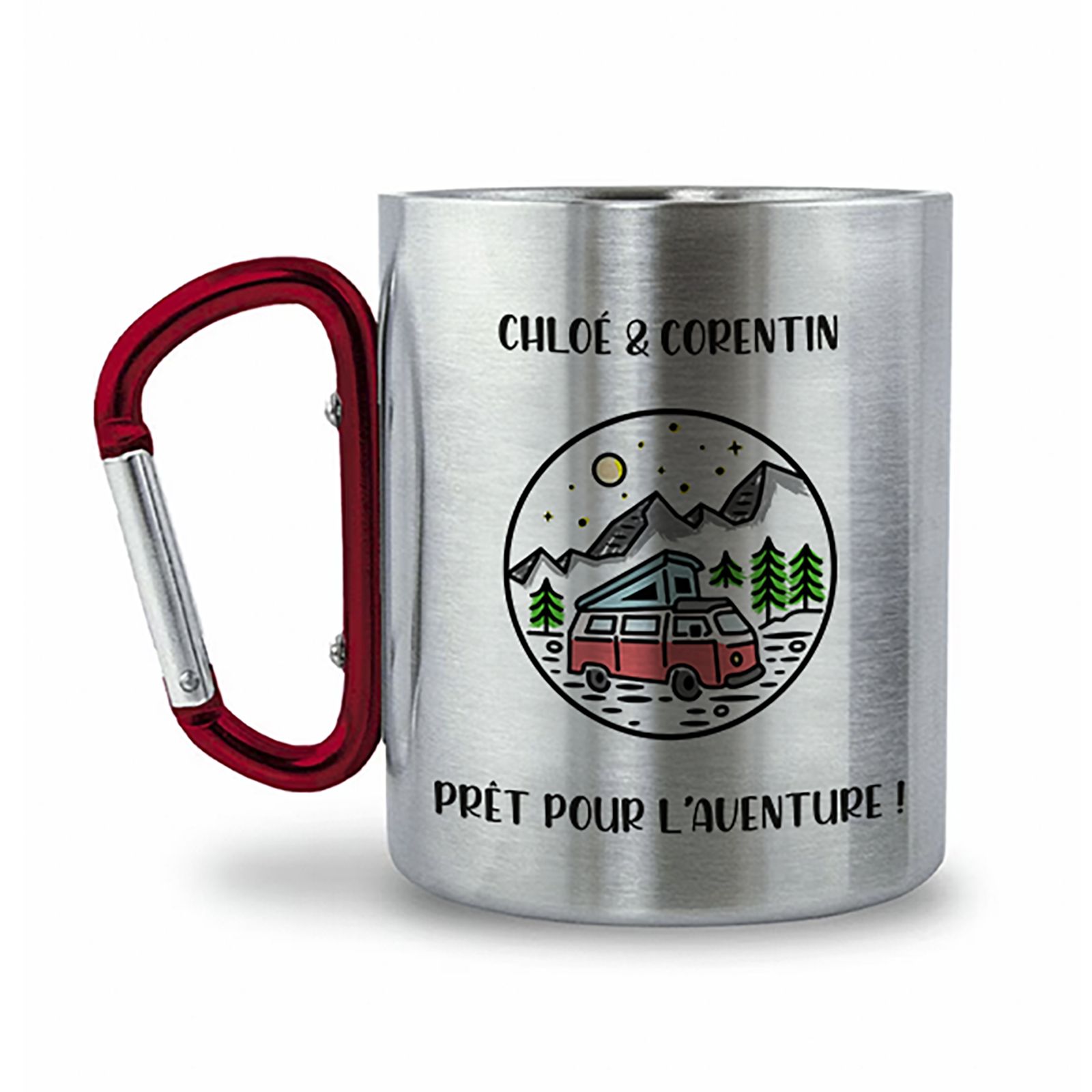 Double-walled stainless steel hiking mug with customizable carabiner · 20 cL